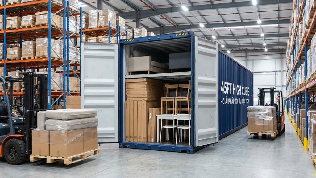 Container 45ft High Cube - Giải pháp tối ưu diện tích kho cho hàng nội thất
