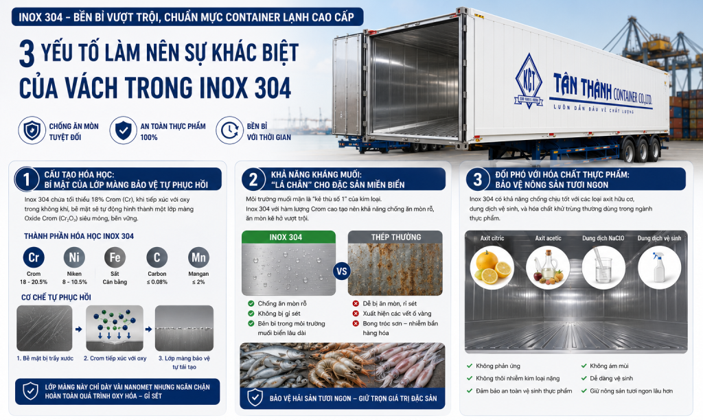 TẠI SAO INOX 304 VÁCH TRONG CONTAINER LẠNH KHÔNG BỊ GỈ SÉT? KHẢ NĂNG KHÁNG MUỐI VÀ HÓA CHẤT THỰC PHẨM TUYỆT ĐỐI