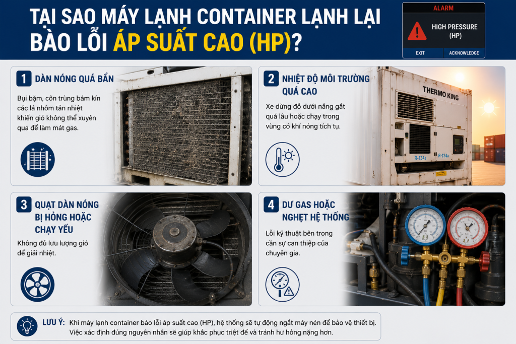 CÁCH XỬ LÝ KHI MÁY LẠNH CONTAINER BÁO LỖI ÁP SUẤT CAO (HP): HƯỚNG DẪN XỊT NƯỚC GIẢI NHIỆT DÀN NÓNG TẠI CHỖ
