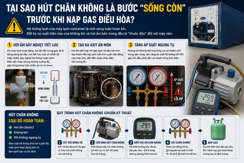 QUY TRÌNH HÚT CHÂN KHÔNG VÀ NẠP GAS CHUẨN CHO CONTAINER LẠNH: ĐẢM BẢO HỆ THỐNG SẠCH HƠI ẨM, KHÔNG NGHẸT